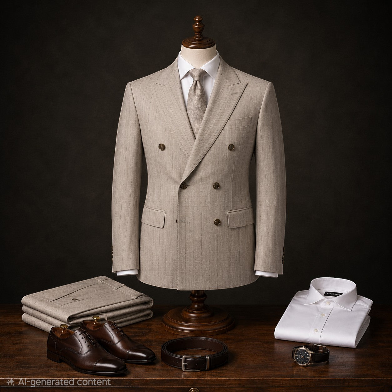 Marco Ricci beige pinstripe double-breasted suit with peak lapels.