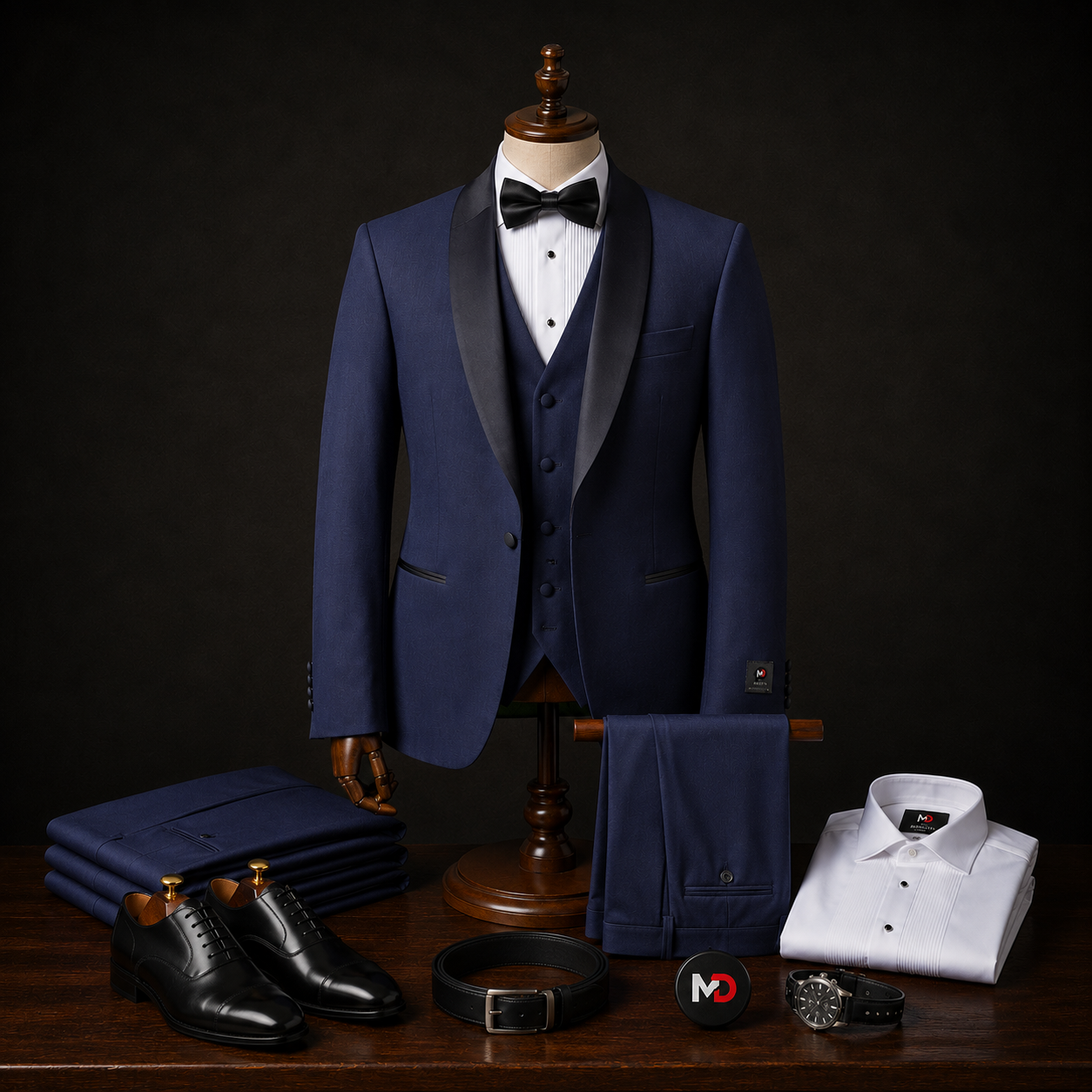 Mario Barutti navy shawl-lapel tuxedo with waistcoat and bow tie.