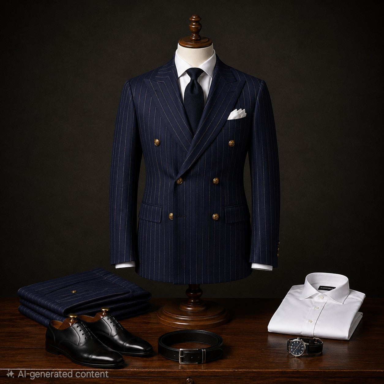 Marco Ricci navy pinstripe double-breasted suit with peak lapels.