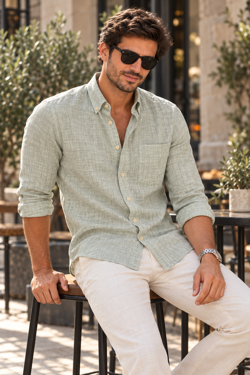 Casamoda Casual Fit Linen Shirt — Light Green