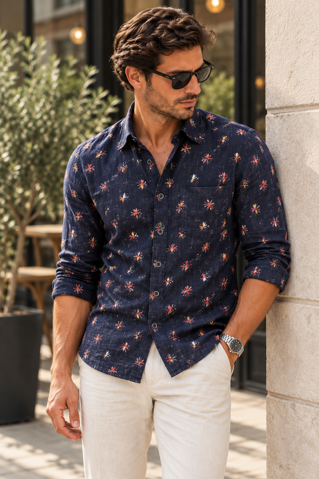 CASAMODA Floral Print Linen Casual Fit Shirt