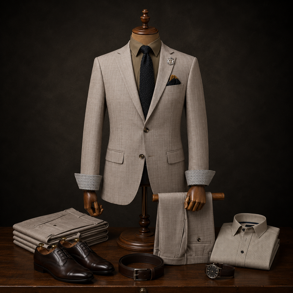 Mario Barutti salmon-beige two-piece suit with notch lapels.