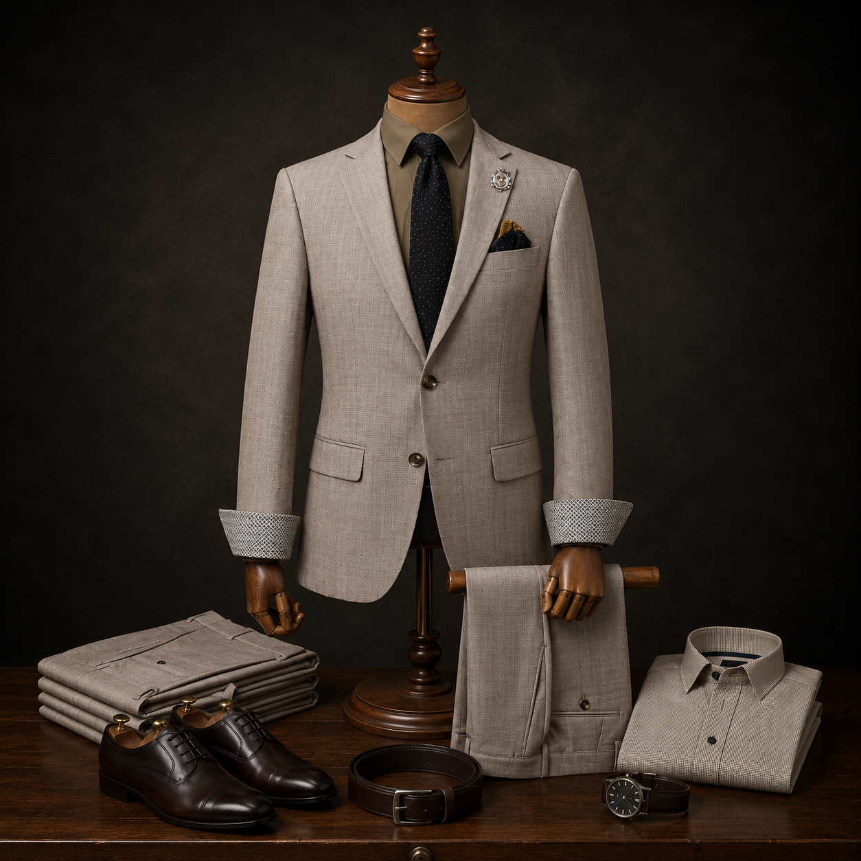 Mario Barutti salmon-beige two-piece suit with notch lapels.