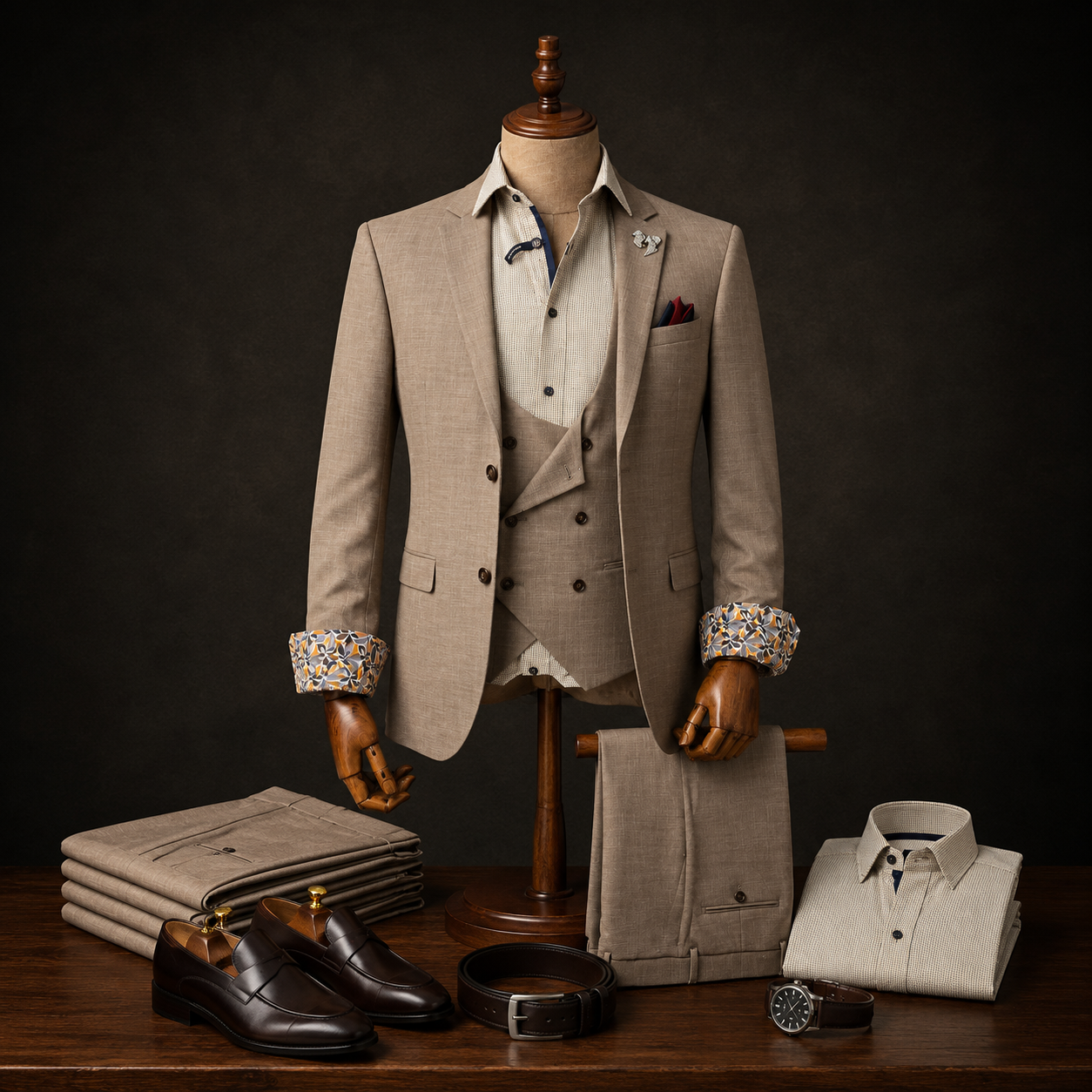 Marco Ricci honey three-piece suit with matching waistcoat.