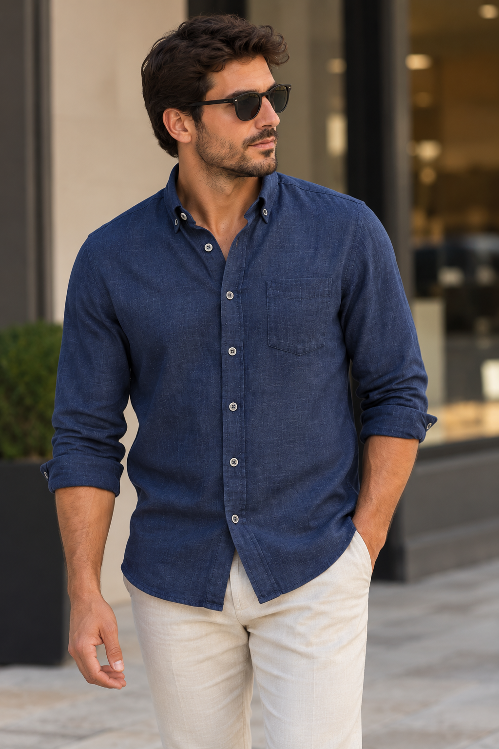 Casamoda Casual Fit Linen Shirt — Navy Blue
