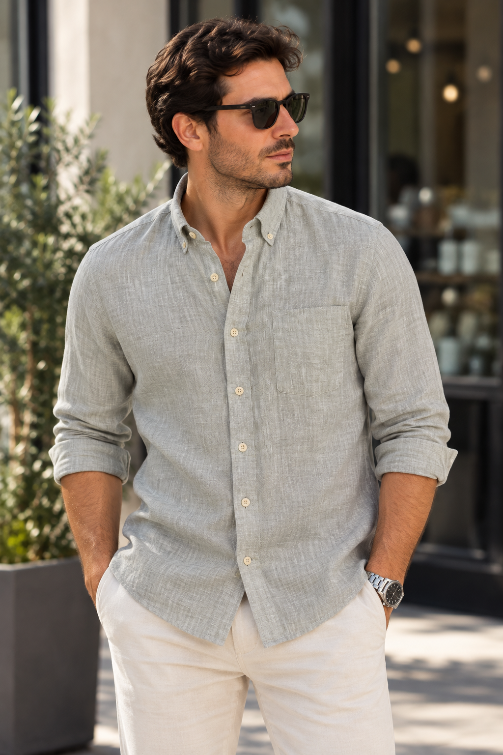 Casamoda Casual Fit Linen Shirt — Olive Green