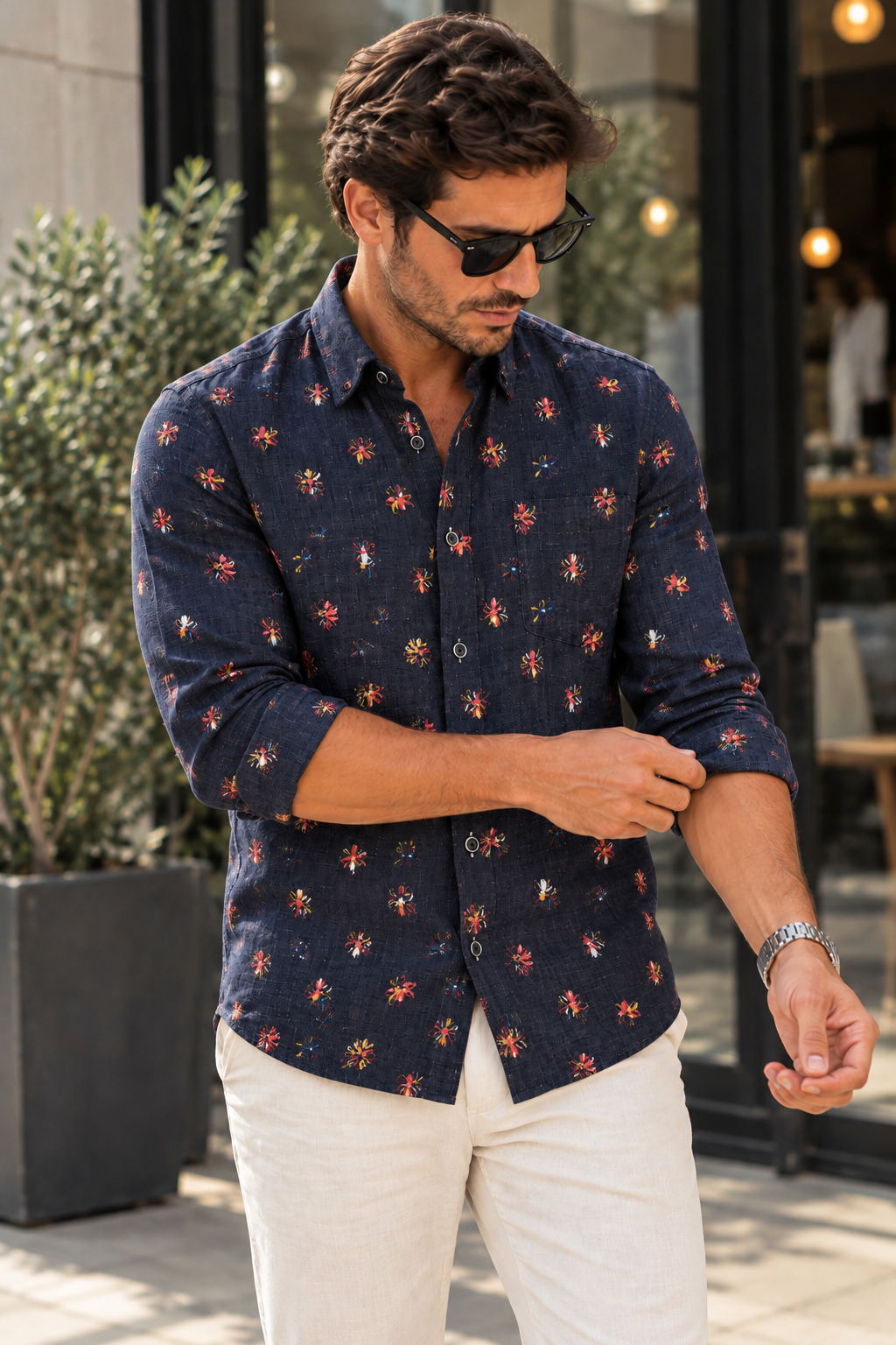 CASAMODA Floral Print Linen Casual Fit Shirt