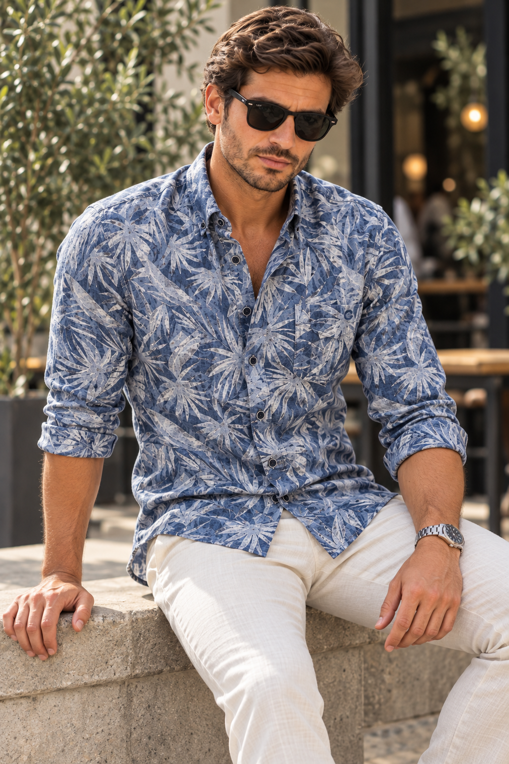 CASAMODA Tropical Print Linen Blend Long Sleeve Shirt