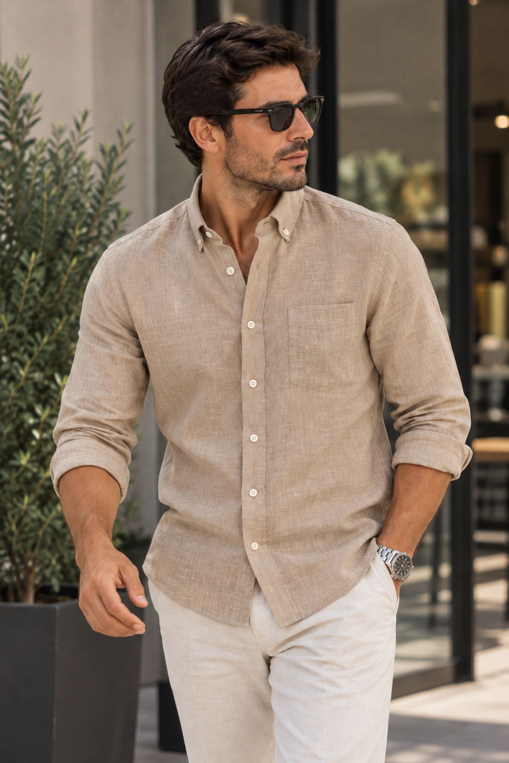 Casamoda Casual Fit Linen Shirt — Sand