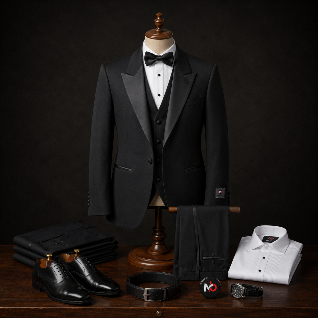 Mario Barutti black peak-lapel tuxedo with bow tie, modern fit.