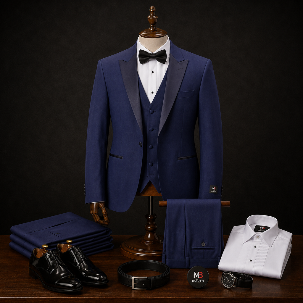 Mario Barutti navy peak-lapel tuxedo with black bow tie, modern fit.