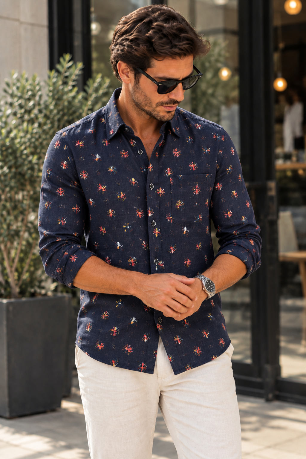 CASAMODA Floral Print Linen Casual Fit Shirt