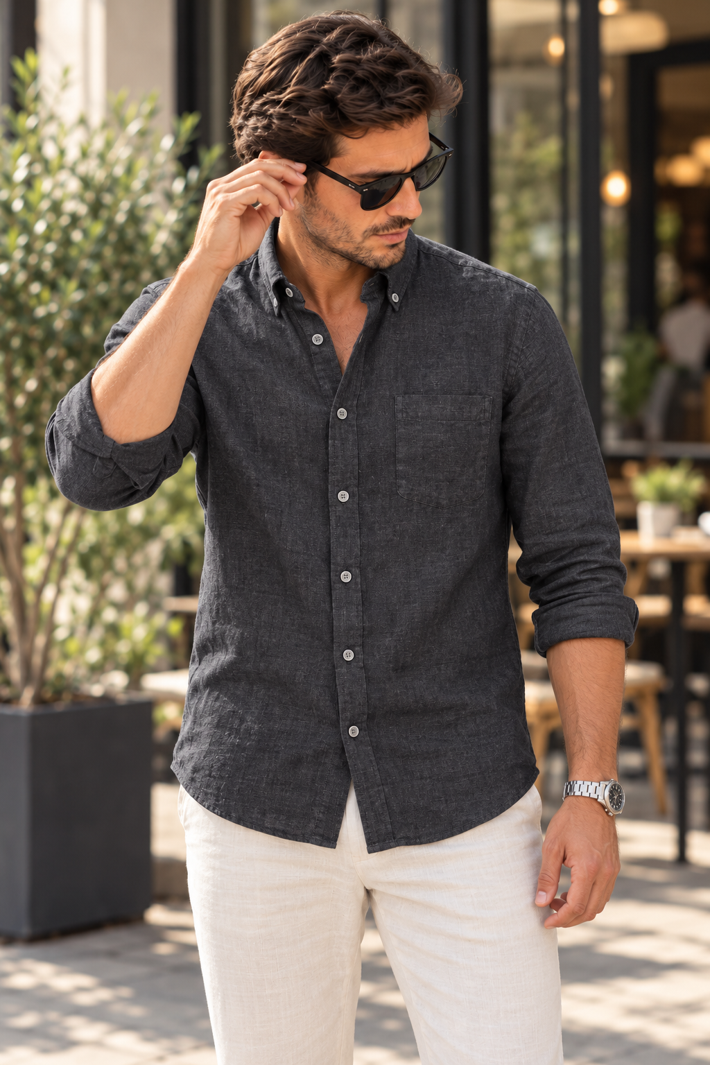 Casamoda Casual Fit Linen Shirt — Charcoal Black