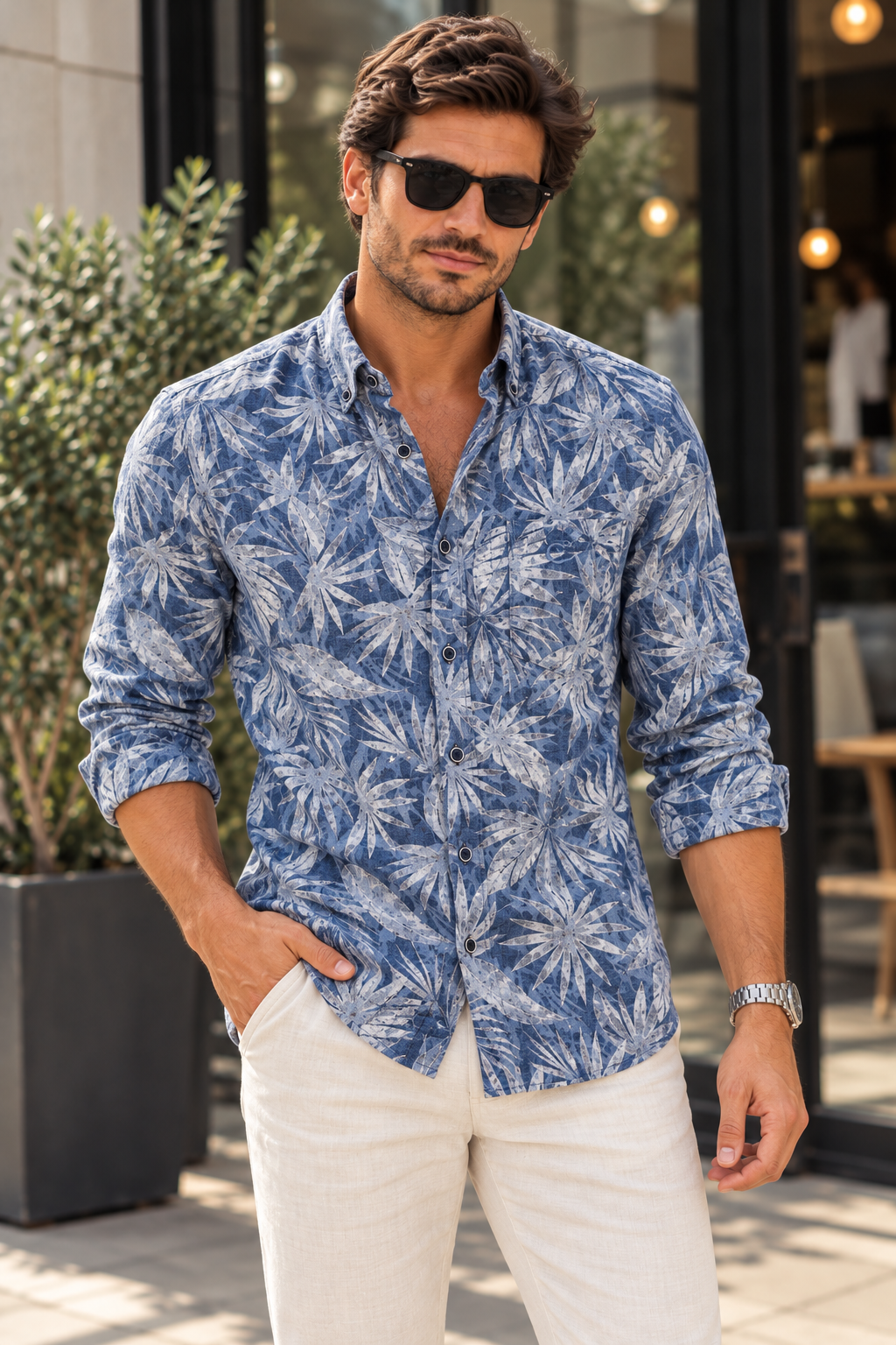 CASAMODA Tropical Print Linen Blend Long Sleeve Shirt
