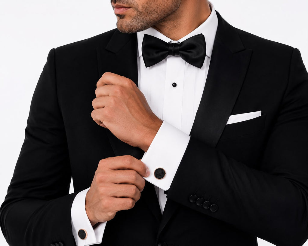 Rose gold striped round cufflinks worn on a French-cuff tuxedo shirt