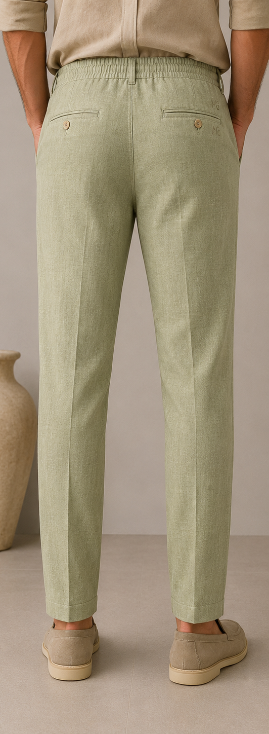 Mario Barutti sage green linen drawstring trousers with MB monogram, back view, Mario Barutti Dubai