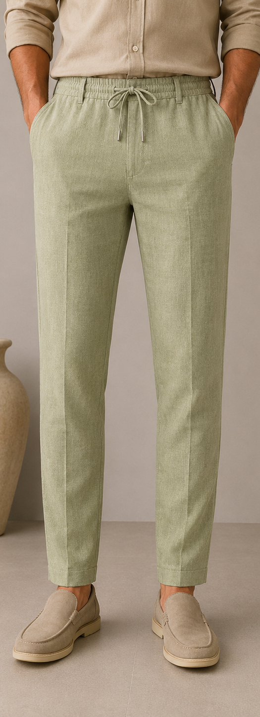 Man wearing Mario Barutti sage green linen drawstring trousers, front view, Mario Barutti Dubai