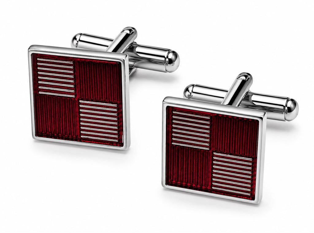 Silver and red check square cufflinks — Mario Barutti