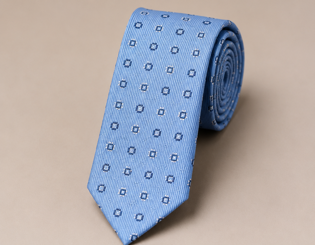 Steel blue men's tie with navy square medallions — Mario Barutti Dubai