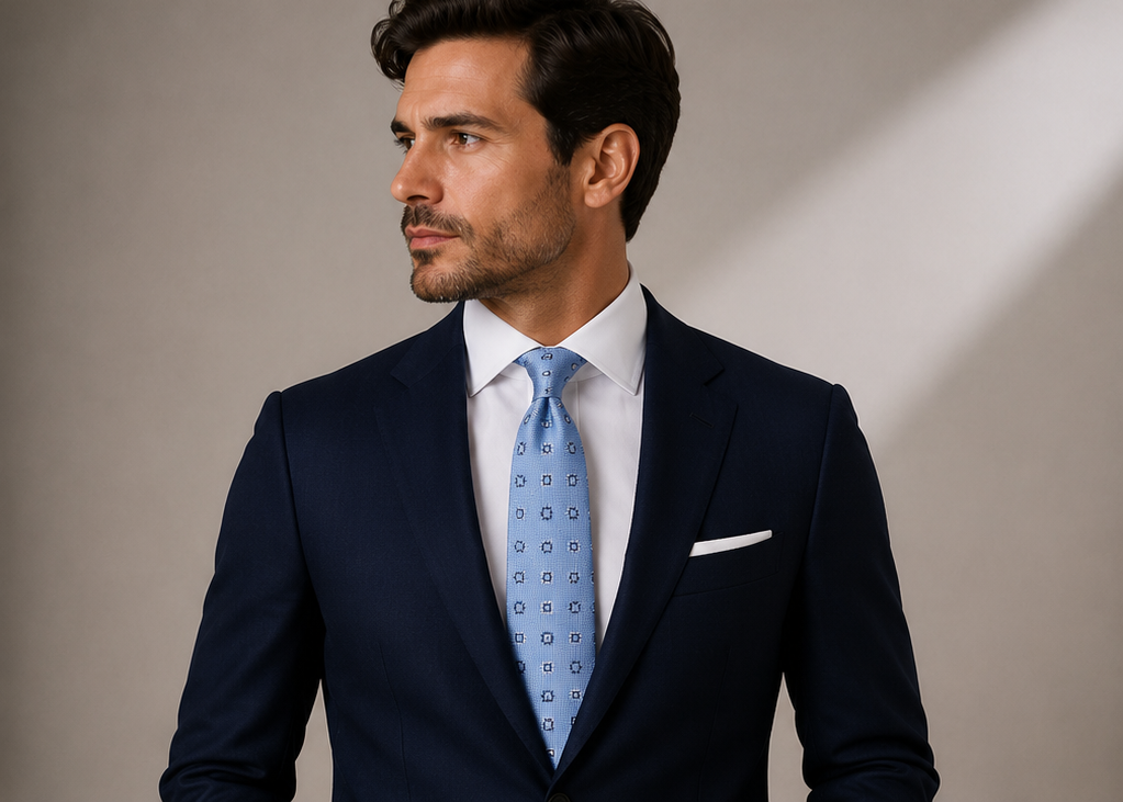 Steel blue men's tie with navy square medallions — Mario Barutti Dubai