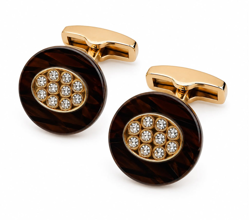 Tortoiseshell-effect and gold crystal round cufflinks — Mario Barutti