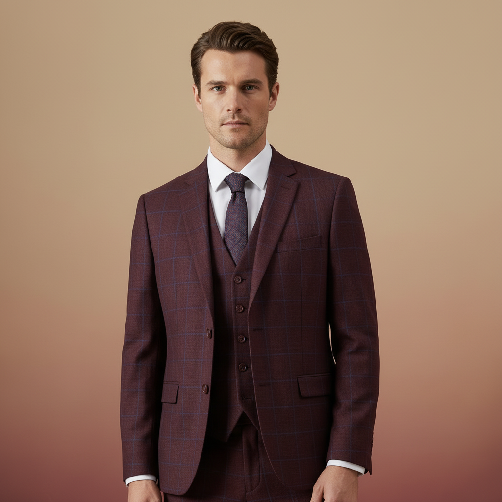 Maroon With Blue Checks 3-Piece Suit